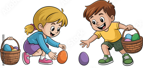 Cartoon children on Easter egg hunt with baskets, colorful spring holiday illustration, playful festive activity design, cheerful character set, seasonal celebration artwork
