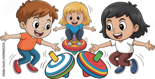 Cartoon children playing with spinning tops, joyful motion illustration, traditional toy activity, colorful character set, expressive pose design, dynamic childhood fun artwork