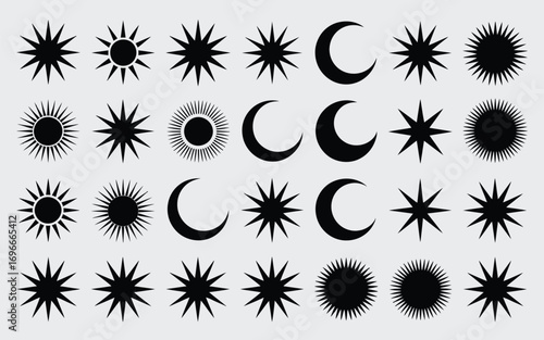 Vector art of celestial star and moon collection set of different celestial bodies vector illustration of various stars and moons black celestial bodies