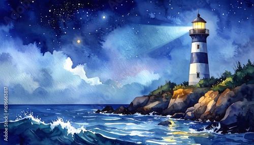 A serene coastal scene at night, featuring a lighthouse with a beam illuminating the dark sea.