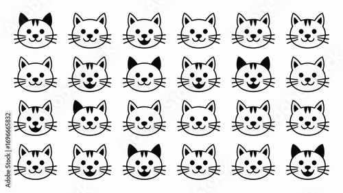 Vector art of a delightful array of cat face illustrations, showcasing various expressions and markings, perfect for felinethemed designs and cute animal graphics