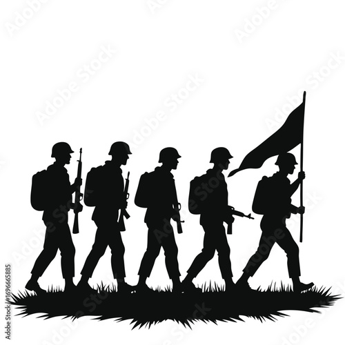 Silhouette of soldiers marching with rifles and flag Keywords: soldier, military, army, march