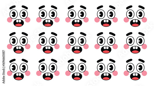 Vector art of seamless pattern of surprised cartoon faces cute emoji with big eyes, open mouth, and rosy cheeks funny character design for textile, wallpaper, and wrapping paper