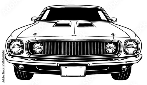 Aggressive Front View of a Classic American Muscle Car Black and White Outline Line Art Drawing