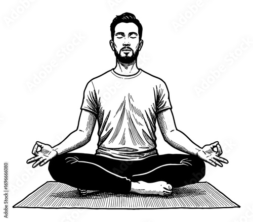 Man Meditating Lotus Position on Yoga Mat Wearing Modest Clothing Front View Black and White Outline Line Art Drawing