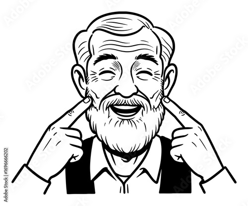 Smiling Grandpa with Fingers on Cheek Happy Expression Face Cute Cartoon Style Black and White Outline Line Art Drawing