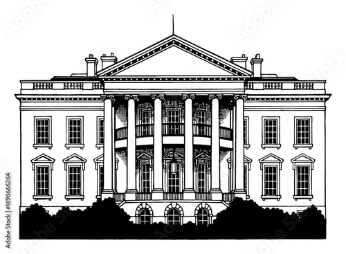 The White House Building Front View Iconic American Architecture Black and White Outline Line Art Drawing