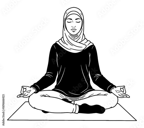 Hijabi Woman Meditating Lotus Position Yoga Mat Modest Closed Clothing Front View Black and White Outline Line Art Drawing