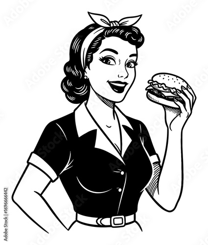 Vintage Happy Caucasian Lady in Pinup Style Holding a Burger Black and White Outline Line Art Drawing