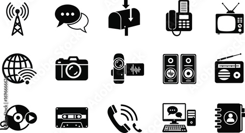 Collection of communication and technology icons representing various media and connection methods