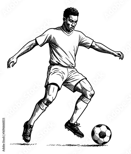 African American Man Playing Soccer Ball Dribbling Action Black and White Outline Line Art Drawing