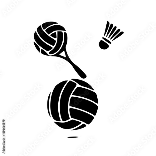 Black and white graphic design of volleyball and badminton equipment.