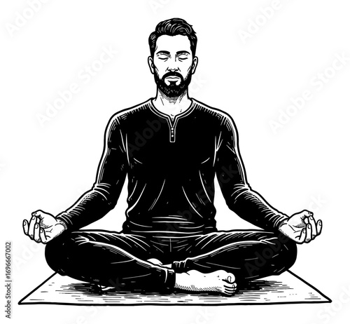Man Meditating Lotus Position on Yoga Mat Wearing Modest Closed Clothing Front View Black and White Outline Line Art Drawing