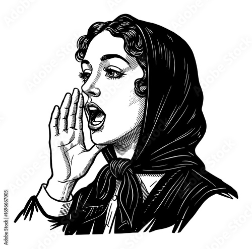 Vintage Woman Shouting with Hand Near Mouth Black and White Outline Line Art Drawing Vector Illustration