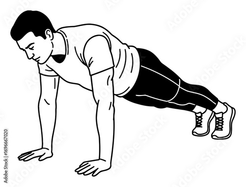 Man Doing Plank Exercise Bodyweight Workout Fitness Training Black and White Outline Line Art Drawing