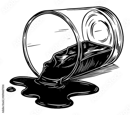 Spilled liquid from a fallen simple glass with flowing dark fluid Black and White Outline Line Art Drawing