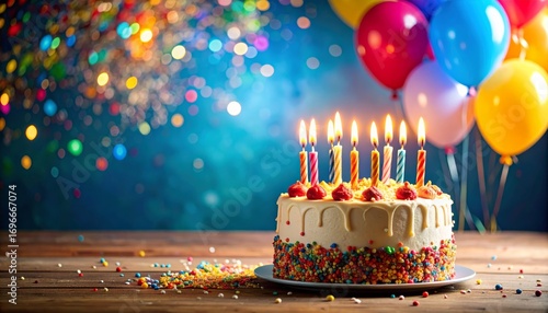 Colorful Birthday Cake with Lit Candles and Balloons in Party Celebration