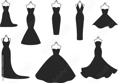 Elegant black dress silhouettes collection, various fashion gown styles, evening wear design, formal clothing illustration, modern outfit vector, stylish female attirElegant