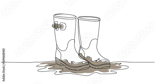Rubber boots in mud puddle illustrating line style, transparent background  