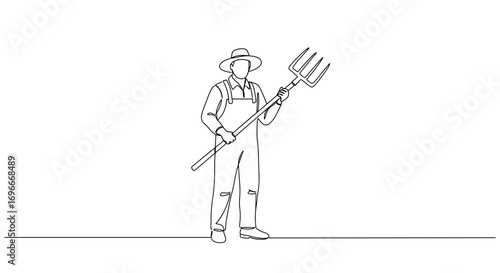Farmer holding a pitchfork in line style, transparent background  