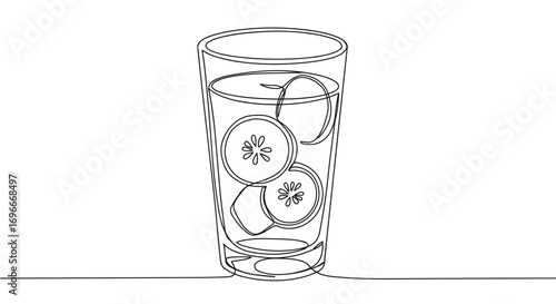 Line art drawing of a glass with cucumber slices on transparent background  