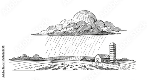 Farm landscape with rain clouds and silo in line style, transparent background  