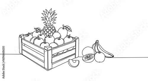 Line style illustration of wooden crate filled with fruits  