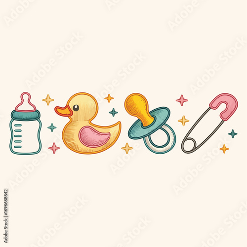 Cute baby items collection bottle duck pacifier safety pin sparkle elements vector