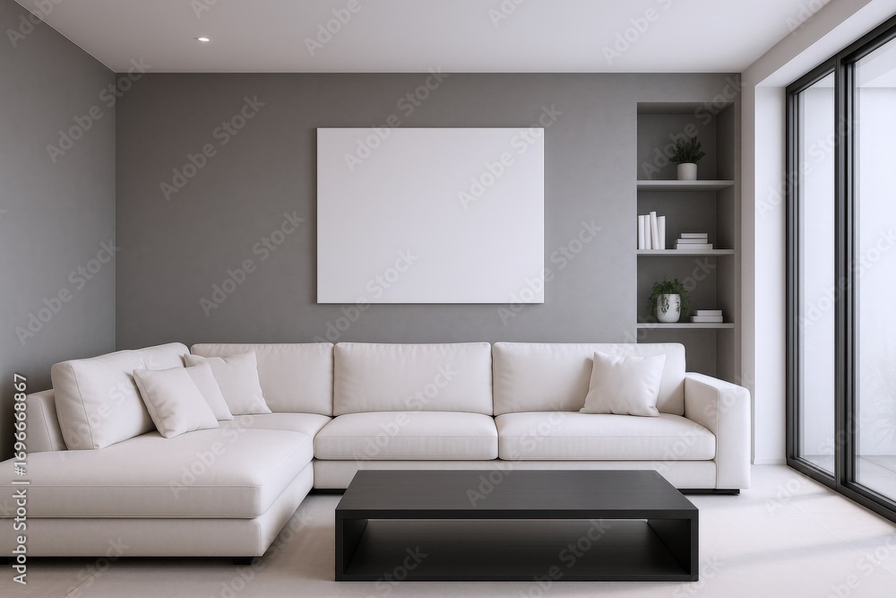 Fototapeta premium Modern Living Room Interior with White Sofa, Black Coffee Table, and Blank Canvas for Art