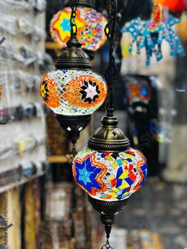 Close-up of vibrant Turkish lights, showcasing intricate patterns and rich colors. Perfect for festive, decorative, or cultural design projects and digital artwork.