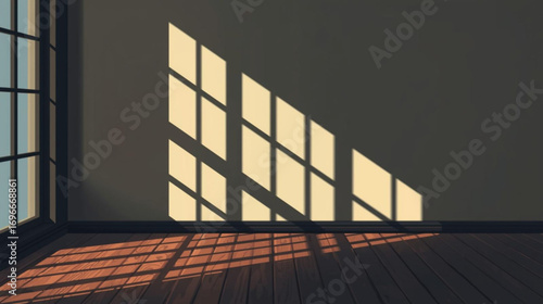 The play of shadows from a window grille on a wooden floor, creating a dynamic and repetitive grid pattern, film noir style.