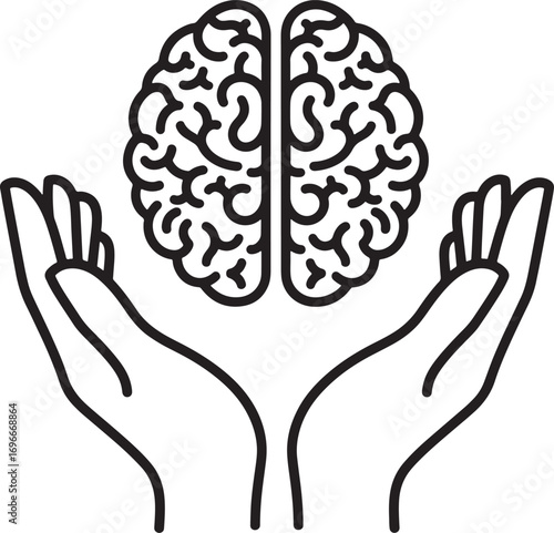 Protecting Brain Health Concept with Hands Holding a Brain Line Art Design