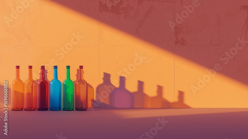 Warm sunset light passing through colorful glass bottles, casting long, overlapping gradient shadows on a concrete wall, minimalist.
