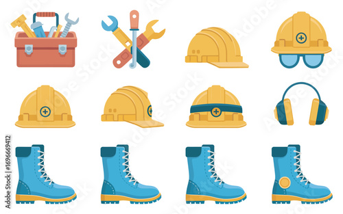 A vector illustration set of heavy construction machinery, including a yellow bulldozer, excavator, dump truck, and safety cones for building projects