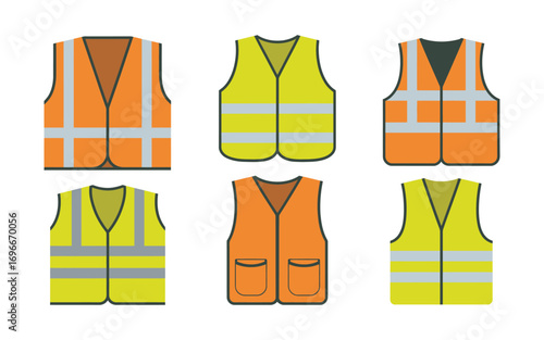 Vector icon set of reflective safety vests in orange and yellow. A collection of high-visibility workwear for industrial safety. 