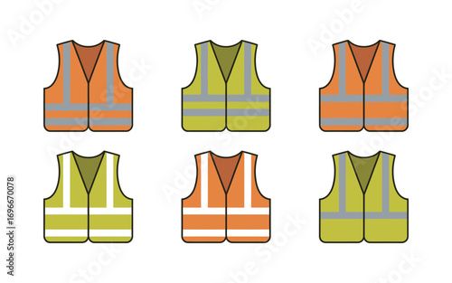 Collection of high visibility safety vests in orange and yellow. Vector icon set for construction and road work personal protective equipment
