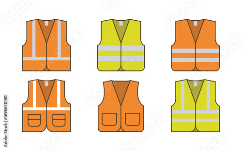 Collection of high visibility safety vests in orange and yellow. Vector illustration of reflective workwear for construction and road safety