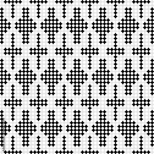 A geometric seamless pattern with black and white decorative shapes and dots, perfect for a modern fabric design or wallpaper