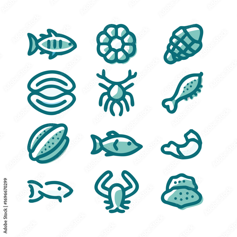 Obraz premium Seafood Dashed Line Icon Set. Collection of 12 Minimal Vector Icons for Restaurant Menus
