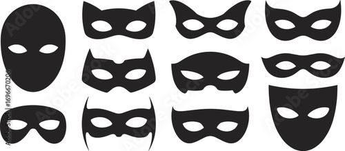 Set of black masks, various styles of costume masks, superhero and masquerade designs, vector silhouette icons, disguise and mystery elementsSet 