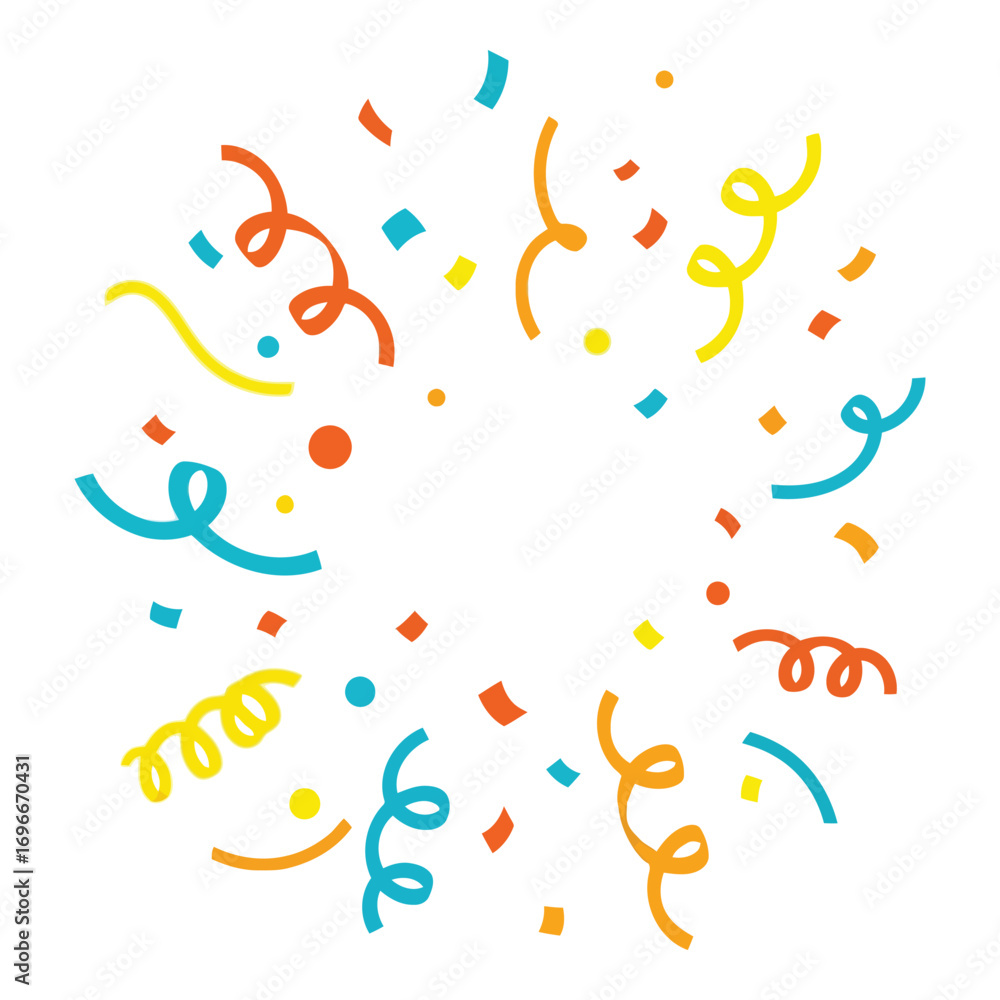 Colorful confetti streamers and dots exploding outward festive celebration event backdrop