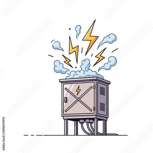Electricity box unleashes powerful energy with electrical sparks and smoke illustrations