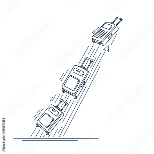 Illustration of rolling luggage moving forward along a striped path with motion lines suggesting speed and travel