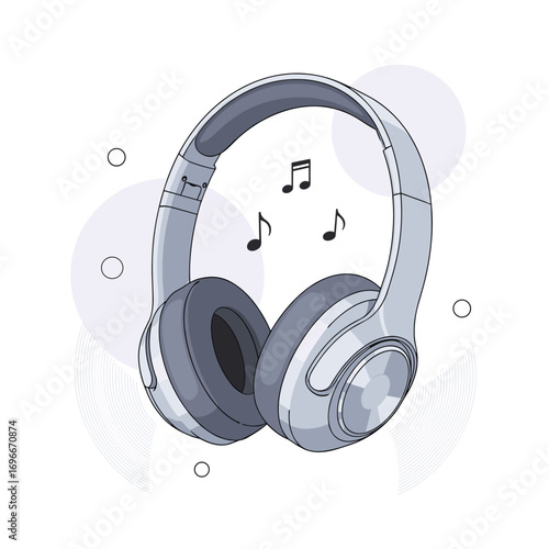 Immersive audio experience with comfortable over ear headphones producing clear sound and music notes floating around them
