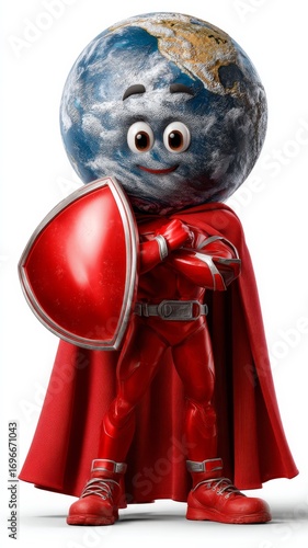 Cartoon-Style Earth Character Wearing Superhero Cape and Shield Representing Environmental Protection