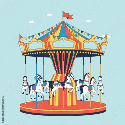 A colorful vintage carousel with majestic horses rotating under a festive canopy with bunting and flags