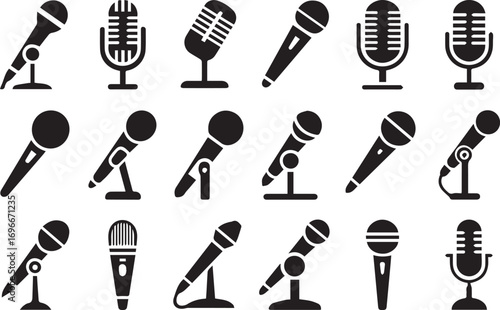 vintage microphone silhouettes vector bundle black and white 18 mic icons for podcast audio recording ui ux projects