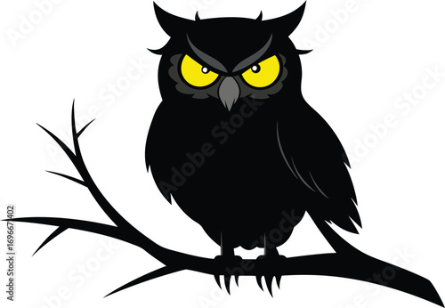 Black owl silhouette with glowing yellow eyes on a bare branch vector art