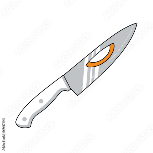 Sharp steel kitchen knife with a white handle and a large oval cutout in the blade for culinary purposes