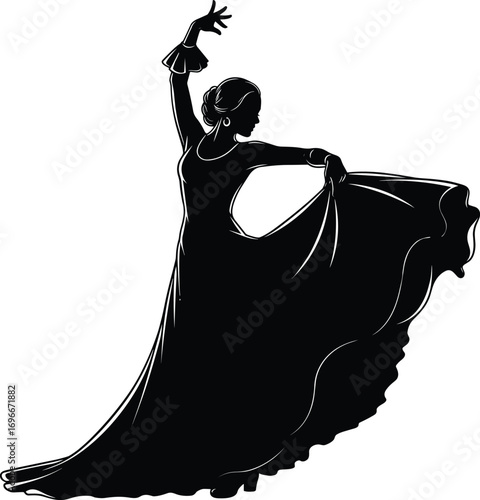 Silhouette of elegant woman dancing, traditional dress flowing gracefully, expressive dance movement illustration, Spanish flamenco style, cultural performance, gracefulSilhouette o